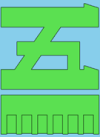 Green katakana 5 on light blue background with green bar underneath